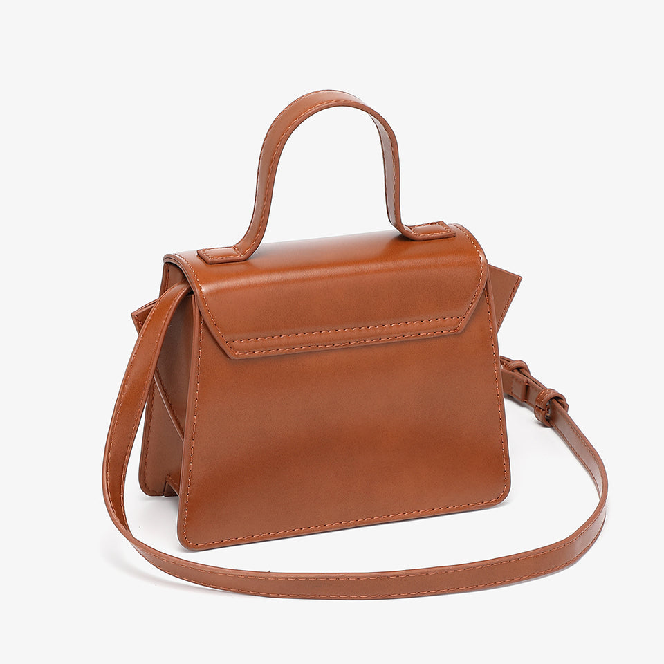 Top handle boxy PU leather crossbody bag in brown